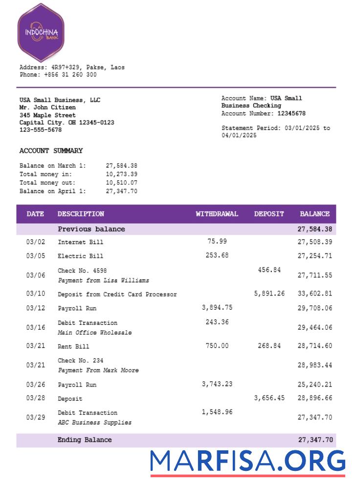 Printable Laos Indochina business account statement Word and PDF template (1)